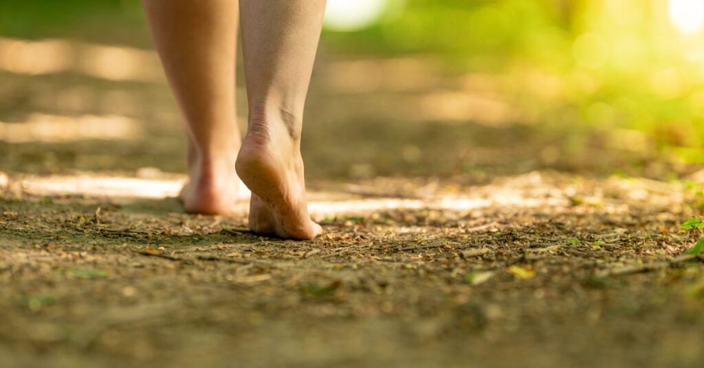 Bare feet walking on a sunlit forest path for “Grounding in Nature — Calming the Nervous System in Uncertain Times”