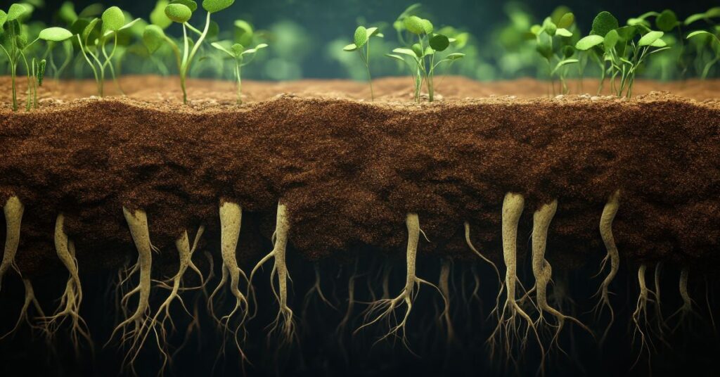 Young green seedlings emerging above soil with roots forming below, illustrating preparation and the moment before emergence.