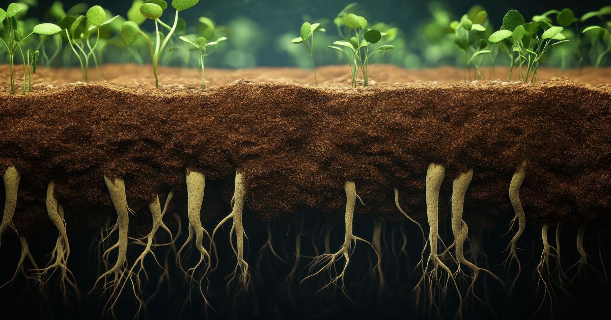 Young green seedlings emerging above soil with roots forming below, illustrating preparation and the moment before emergence.