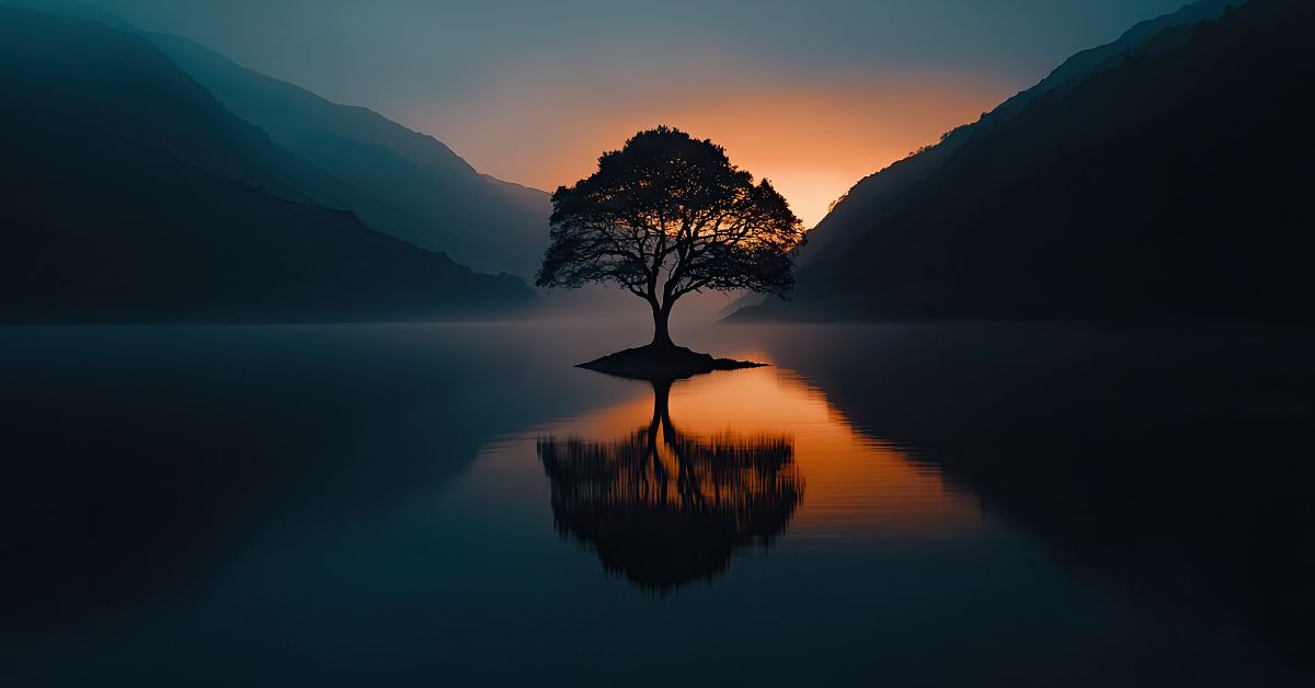 A lone tree reflected in still water at dusk, surrounded by mountains, illustrating winter stillness, reflection, and quiet balance.