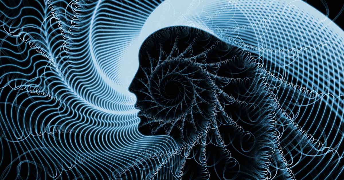 Abstract illustration of a human profile formed by flowing lines and wave patterns, representing attention, inner tone, and the movement of energy through the body.